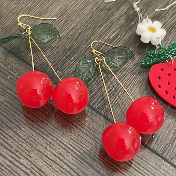 Red Cherry and Strawberry Earrings Set - Picture 3 of 14